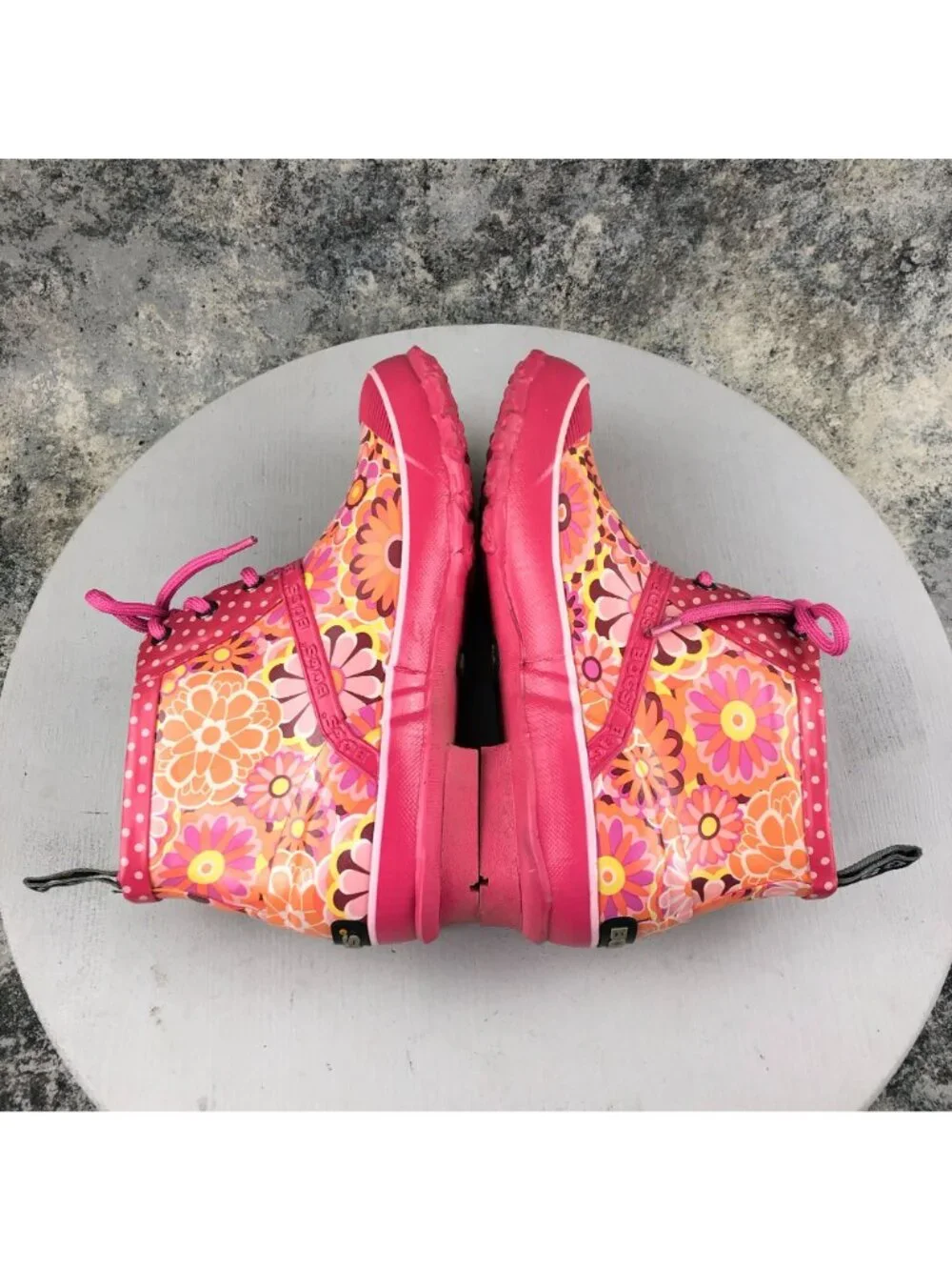 Bogs Kids Size 6 Charlot Pink Orange Floral Print Lace-Up Ankle Rain Boots